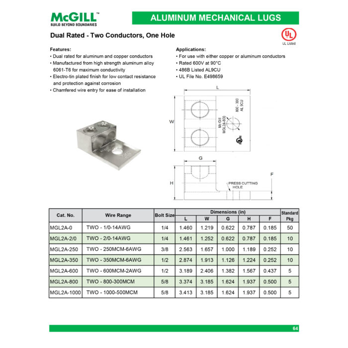 McGill Aluminum Mechanical Lugs (Dual Rated) Two Conductors, One Hole - Image 2