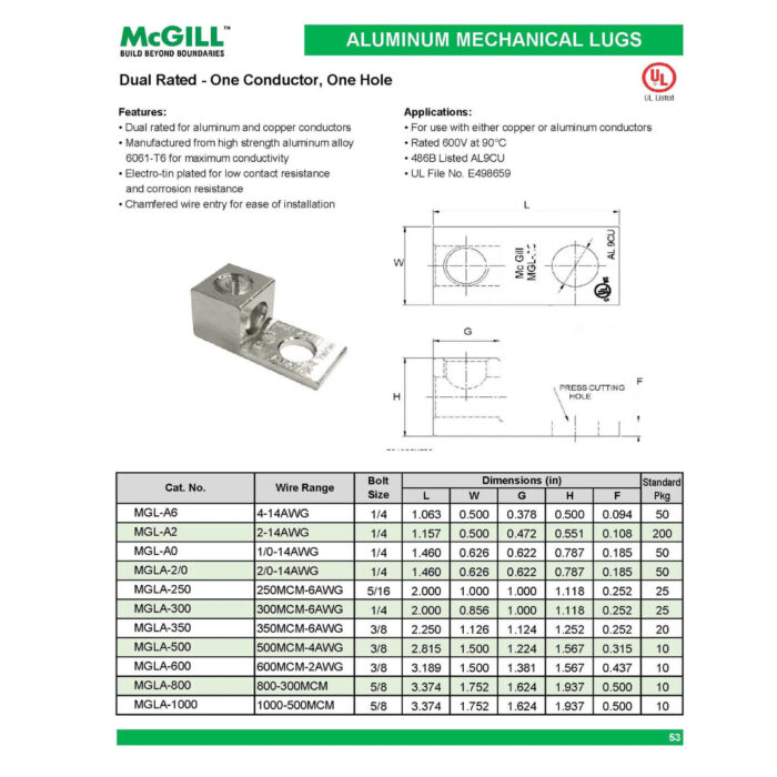 McGill Aluminum Mechanical Lugs (Dual Rated) One Conductor, One Hole - Image 2