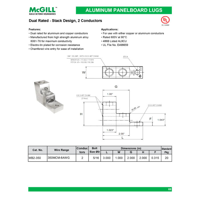 McGill Aluminum Mechanical Lugs (Dual Rated) Stack Design, Two Conductors, Two Holes - Image 2